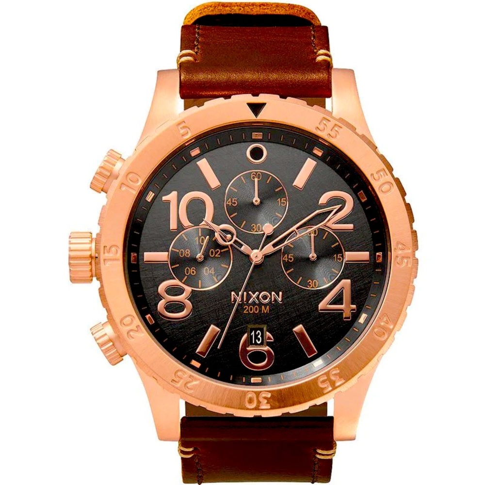 Nixon Rose Gold and Brown Leather Chronograph Watch 48-20